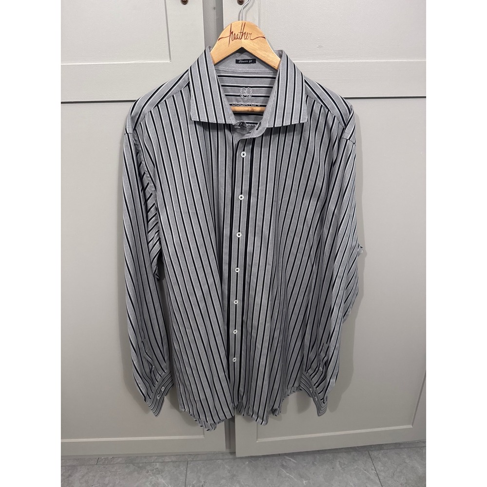 Bugatchi Uomo Mens Classic Fit Striped Button Down Shirt Grey Black 100% Cotton